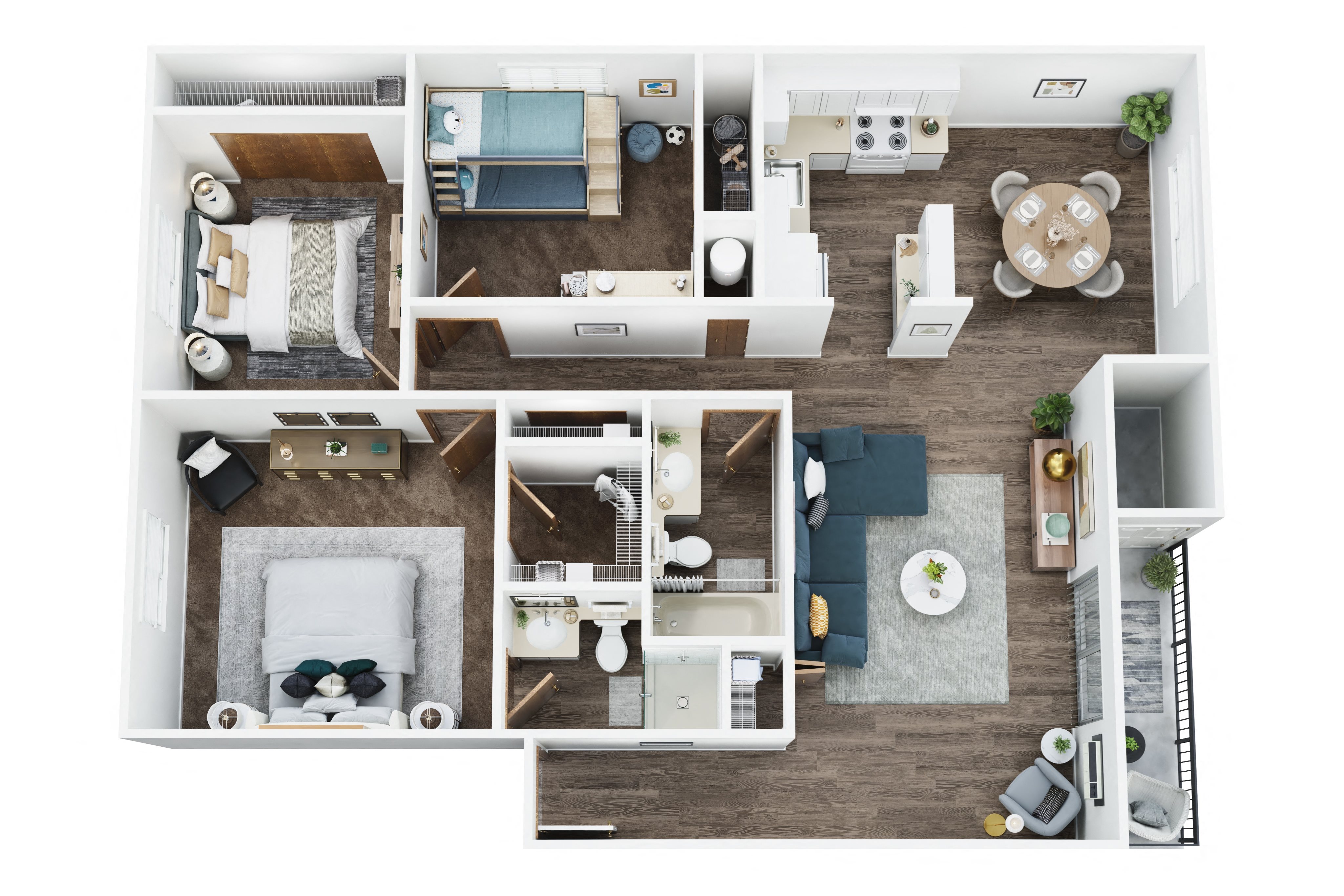 A top-down view of a well-organized apartment with a kitchen, living room, and bathroom.